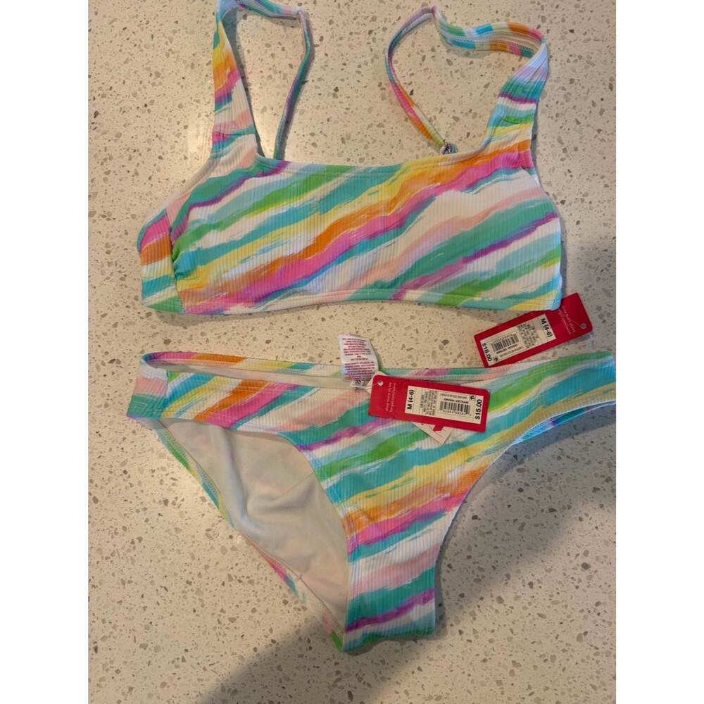 Xhilaration Rainbow Stripe Ribbed Bikini - Pink, Orange, Yellow, Green, Blue M
